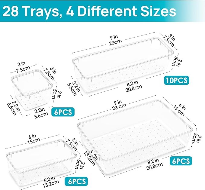 28 Piece Clear Plastic Drawer Organizer Set | 4 Size Acrylic Storage Bins for Makeup, Kitchen, and Tools thumbnail 2