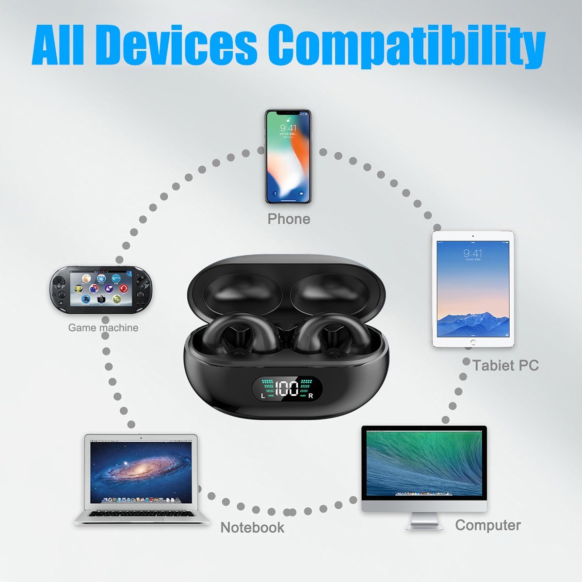 Bluetooth 5.3 Wireless Earbuds Ear Clip Bone Conduction Headphones Sport Headset Black thumbnail 2