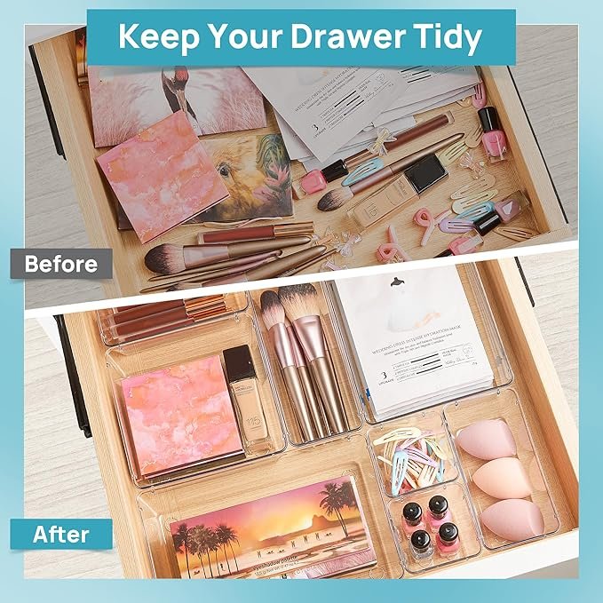 28 Piece Clear Plastic Drawer Organizer Set | 4 Size Acrylic Storage Bins for Makeup, Kitchen, and Tools thumbnail 4