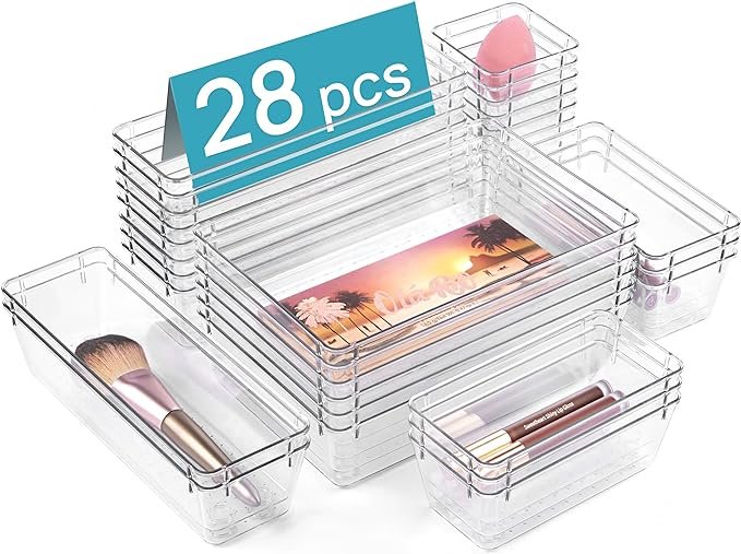 28 Piece Clear Plastic Drawer Organizer Set | 4 Size Acrylic Storage Bins for Makeup, Kitchen, and Tools