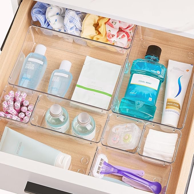 28 Piece Clear Plastic Drawer Organizer Set | 4 Size Acrylic Storage Bins for Makeup, Kitchen, and Tools thumbnail 3