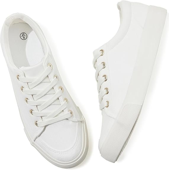 Women's Canvas Sneakers Low Top Lace Up White Casual Walking Shoes
