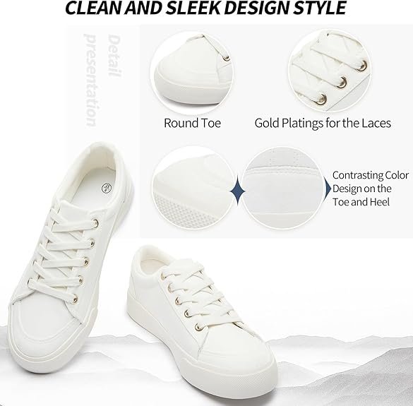 Women's Canvas Sneakers Low Top Lace Up White Casual Walking Shoes thumbnail 2