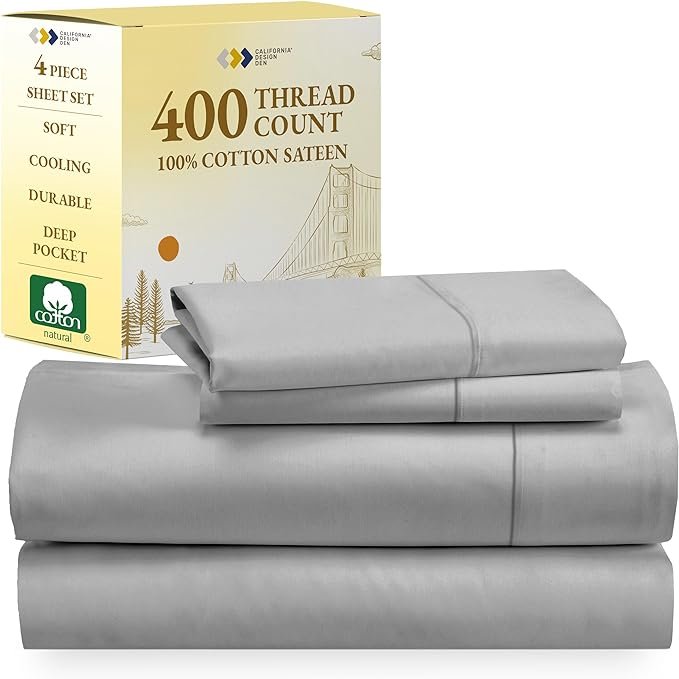 Experience Ultimate Comfort with 100% Cotton 400 Thread Count Queen Cooling Sheets Soft, Deep Pockets, 4 Pc Set in Light Gray thumbnail 4