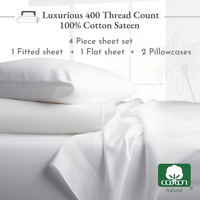 Experience Ultimate Comfort with 100% Cotton 400 Thread Count Queen Cooling Sheets Soft, Deep Pockets, 4 Pc Set in Light Gray