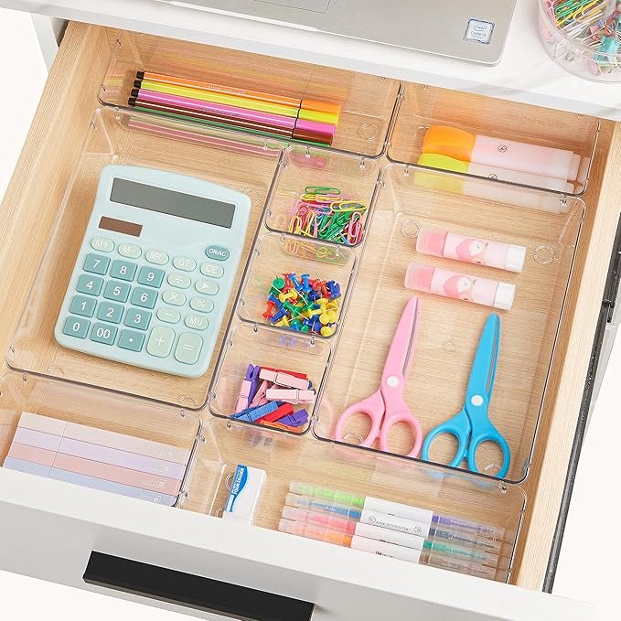 28 Piece Clear Plastic Drawer Organizer Set | 4 Size Acrylic Storage Bins for Makeup, Kitchen, and Tools thumbnail 6