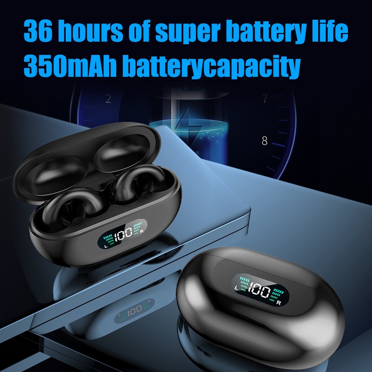 Bluetooth 5.3 Wireless Earbuds Ear Clip Bone Conduction Headphones Sport Headset Black thumbnail 3