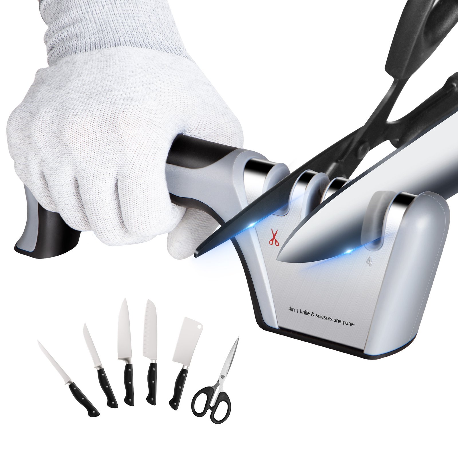 4 In1 Knife and Scissors Sharpener with Gloves